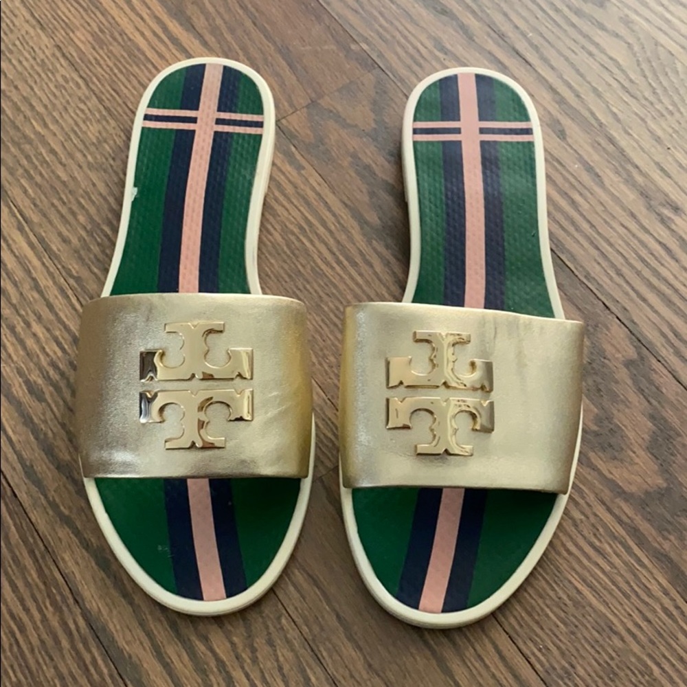 Tory Burch Gold and Green Sandals